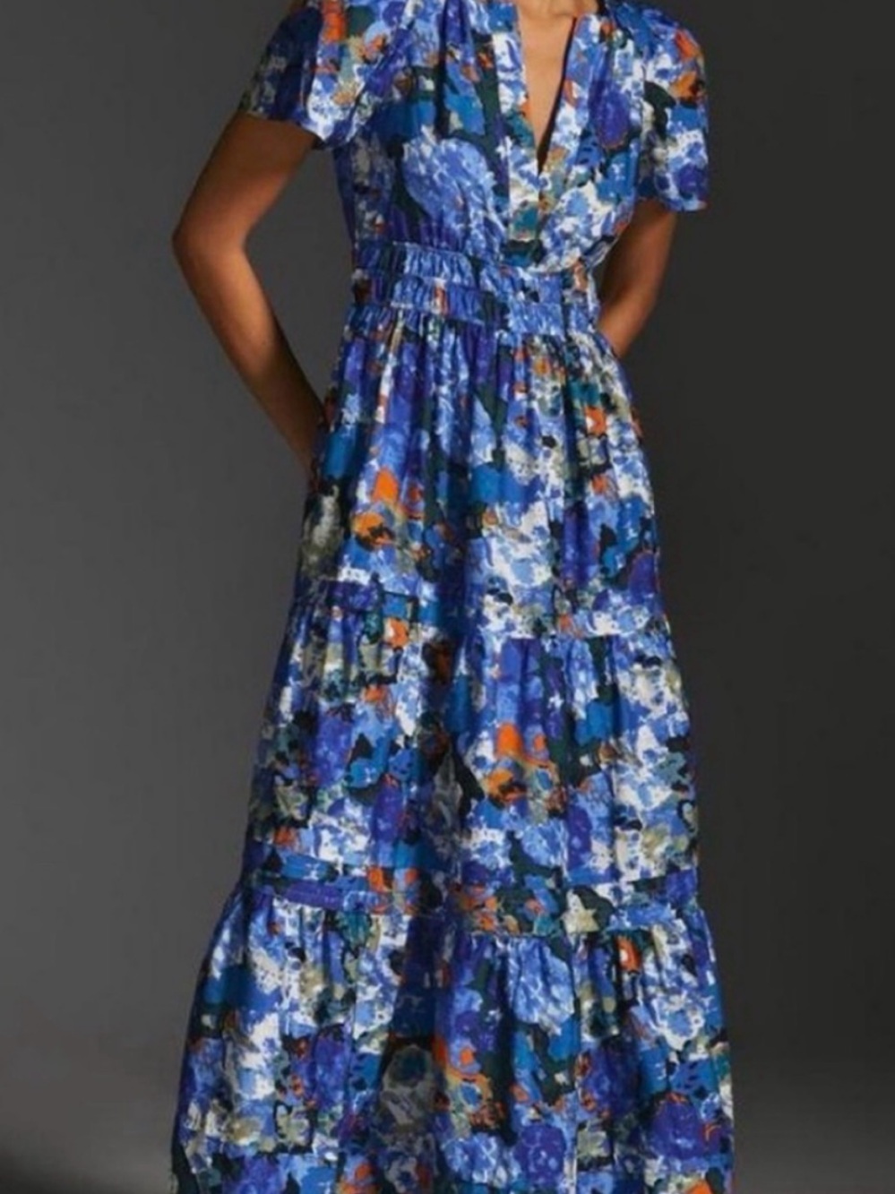 Anthropologie Blue Abstract Floral Full Length Maxi Dress Size Small